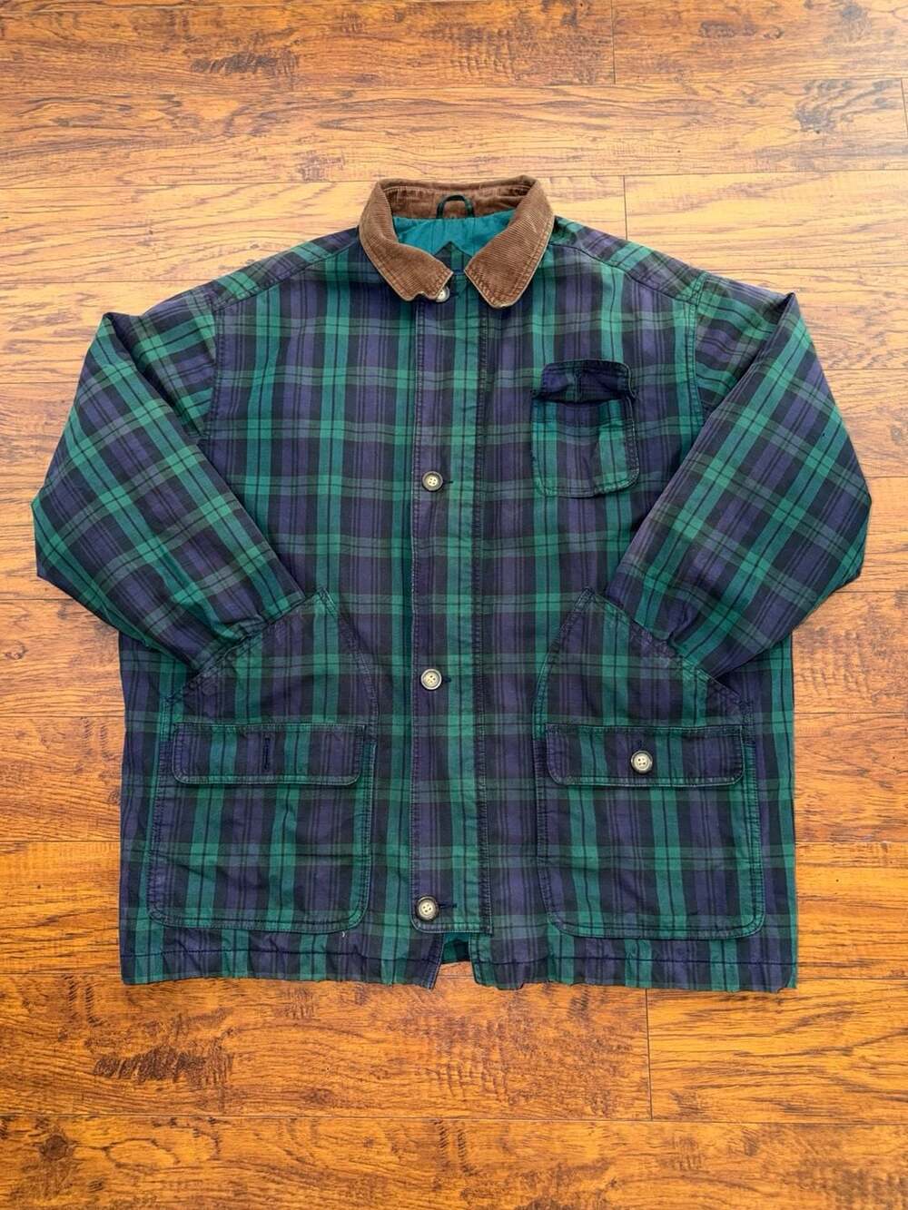 Vintage Gap Black Watch Plaid Barn Jacket with Corduroy Collar, Size M
